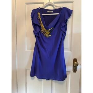 Beth Bowley Purple Beaded Floral Yellow Flutter Sleeve Top Slinky Women's M